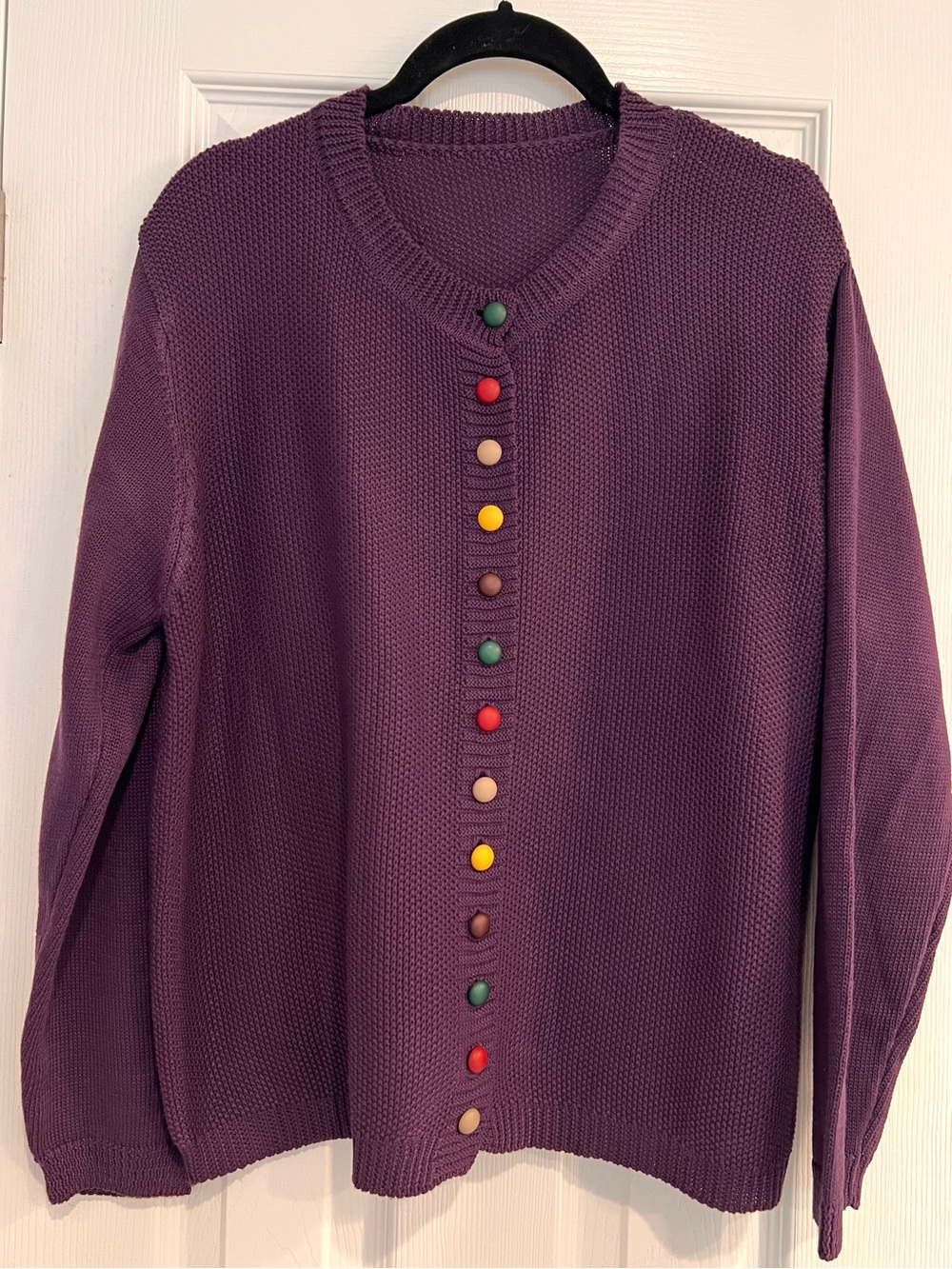 Waffle Knit Women's Multicolor Button-Front Crewneck Sweater Purple Plum Ribbed